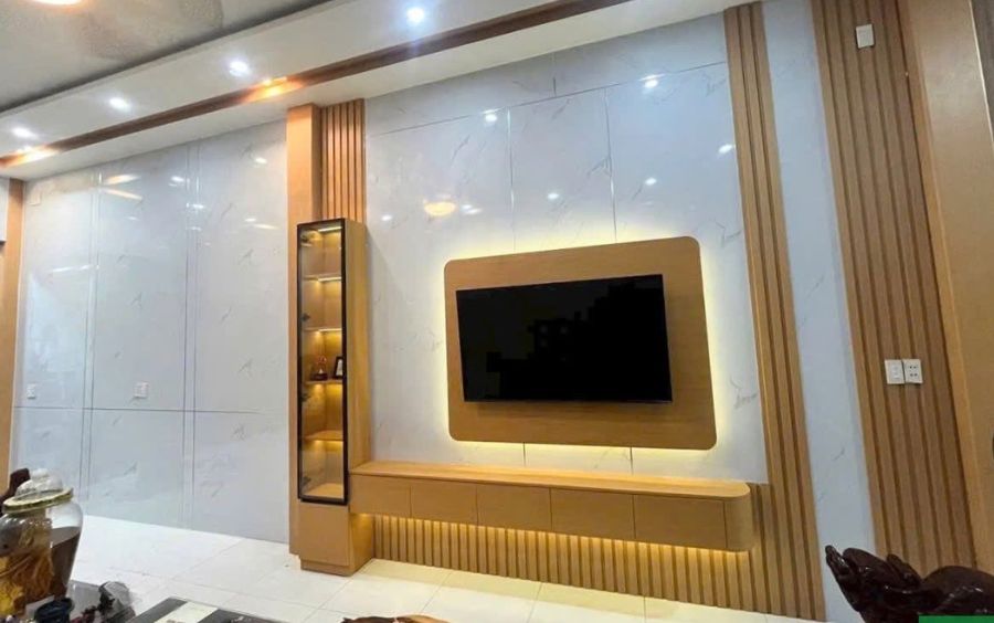 Vách trang trí tấm pvc vân đá có kết hợp lam sóng